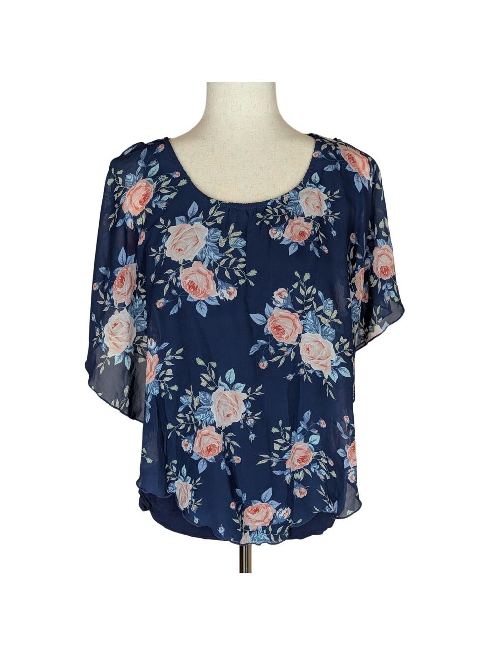 Love Delirious Women's Floral Short Sleeve Overlay Maternity Blouse Large Navy